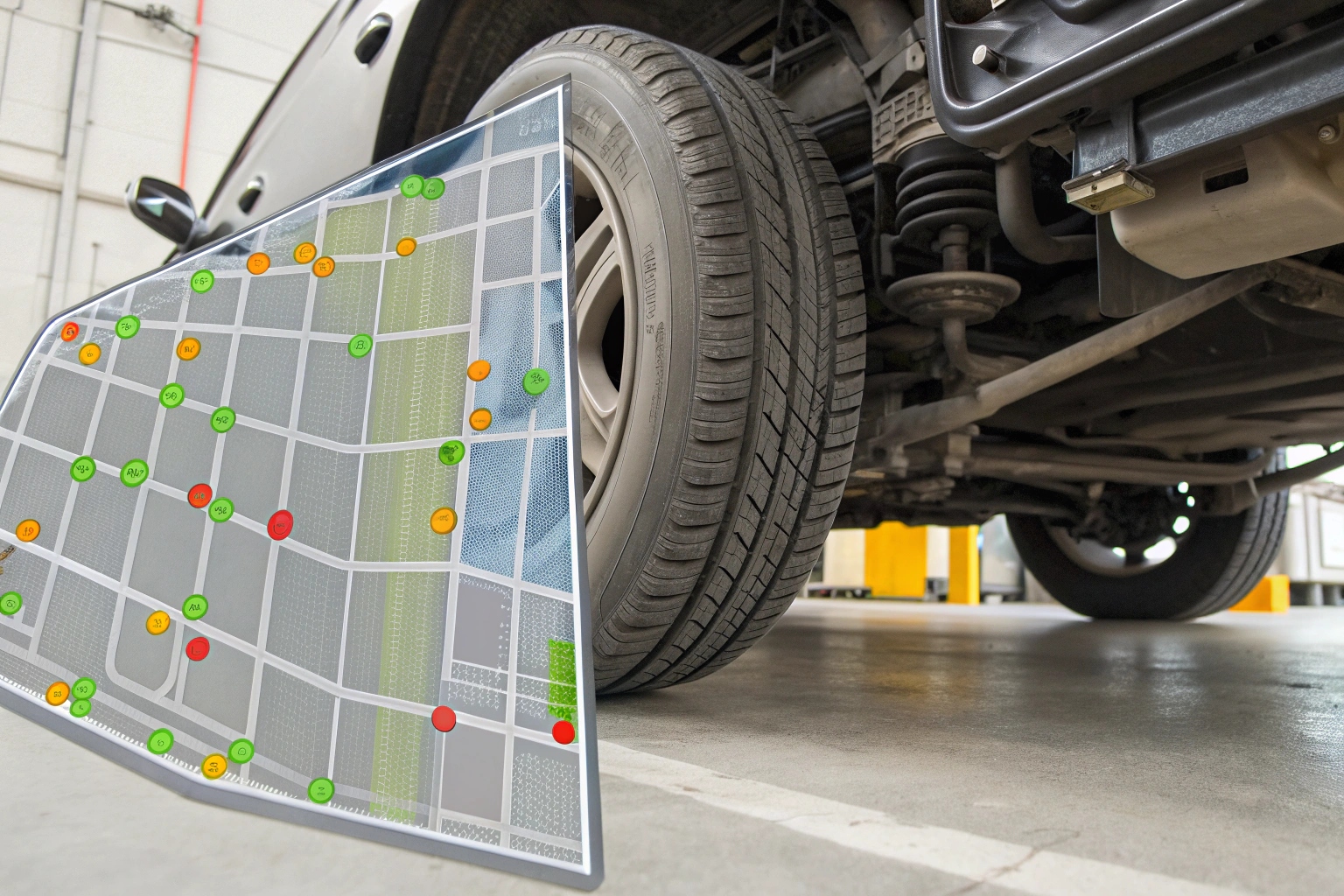 Vehicle inspection with a digital map overlay on a tire.