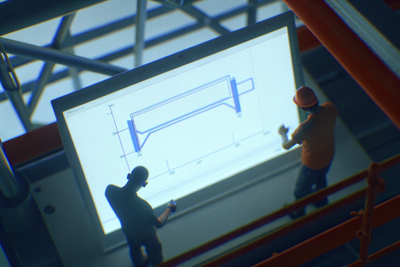Two project managers discuss construction blueprint on large screen in modern workspace.