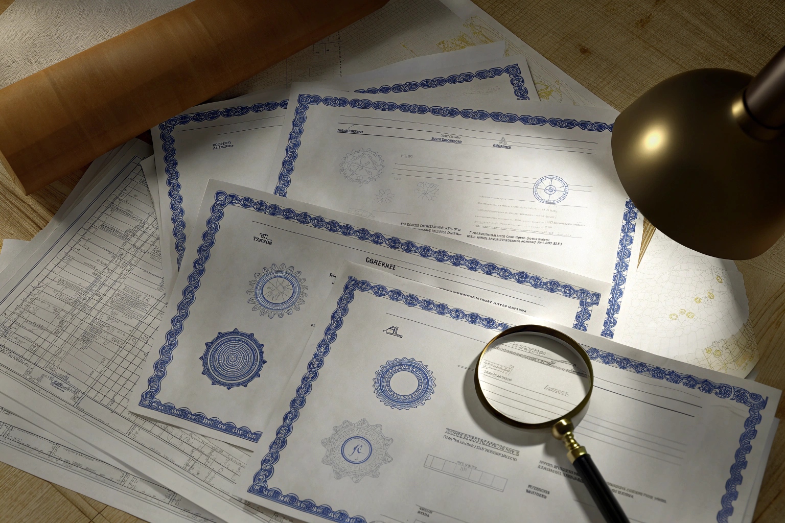 Official engineering documents and certificates scattered on a wooden table, surrounded by drafting tools.