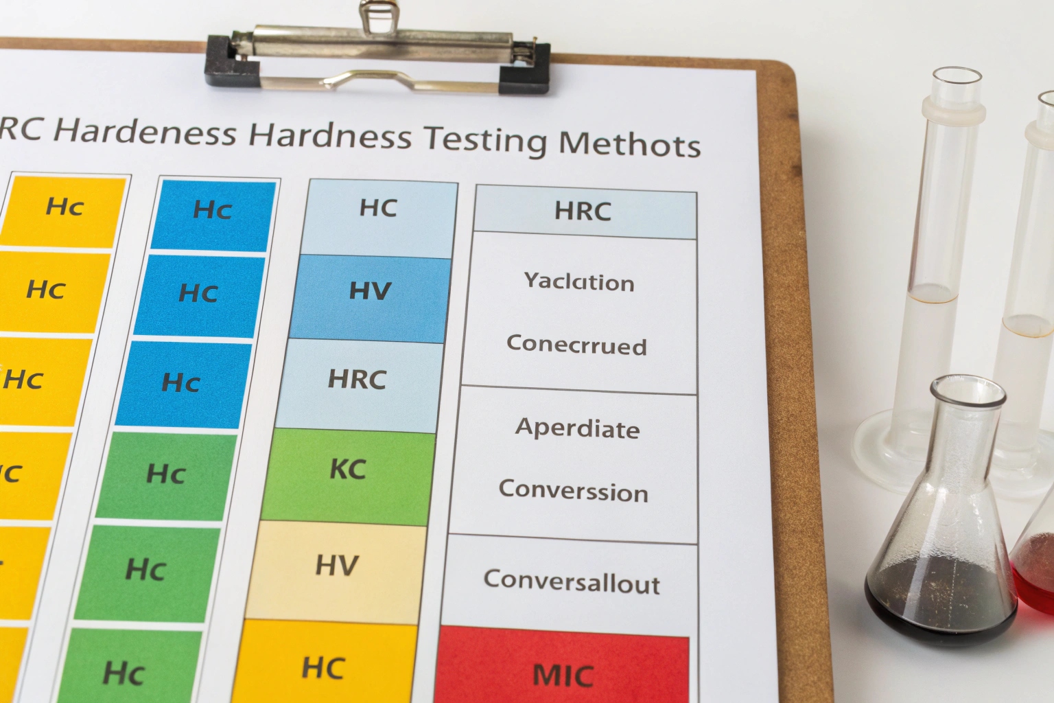 Hardness testing methods chart with laboratory flasks.