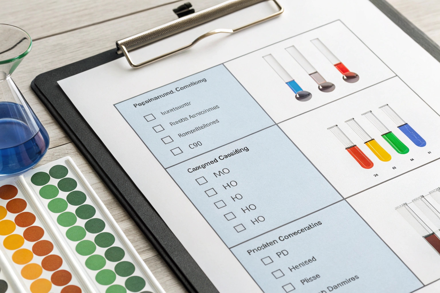 Chemical clipboard with test tubes and liquid samples.