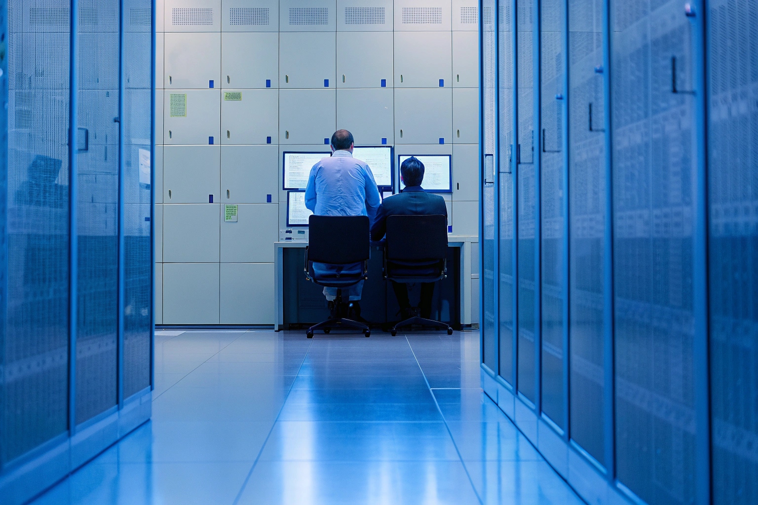 IT specialists monitor server performance in large data center control room.