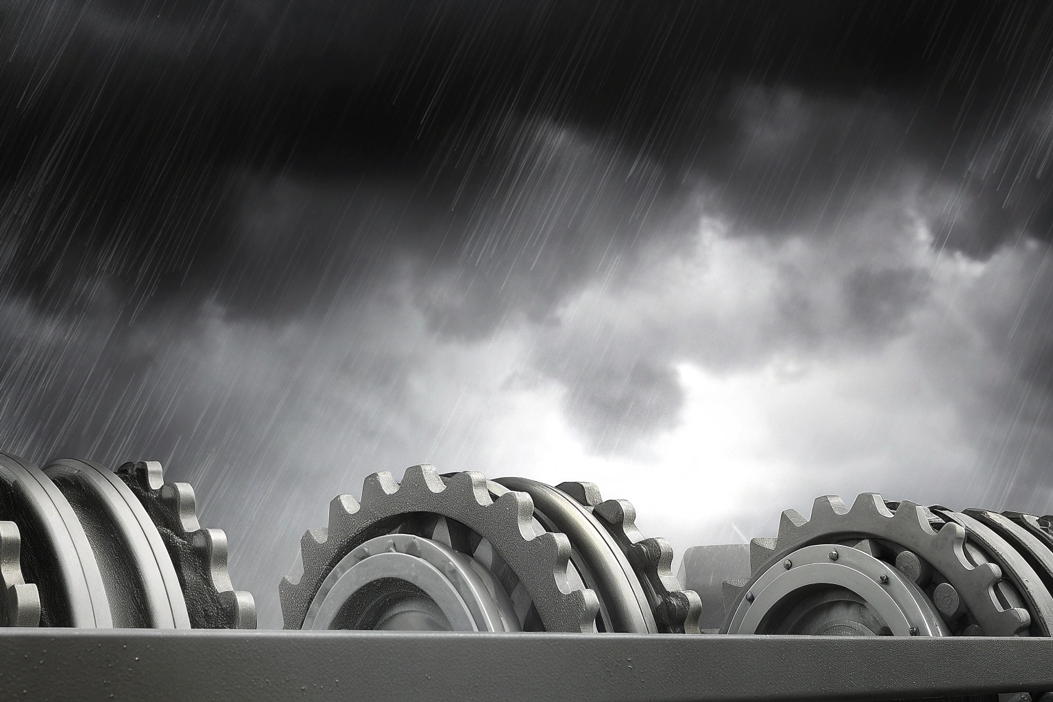 Durable metallic gears against a stormy sky, highlighting their weather-resistant attributes.