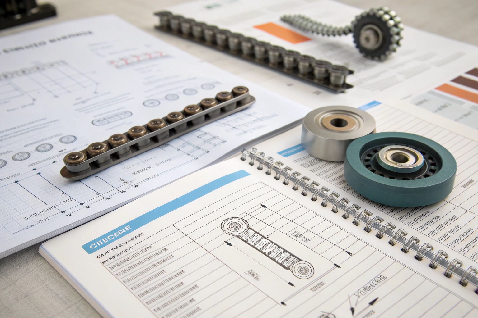 Mechanical components and technical drawings for engineering reference.