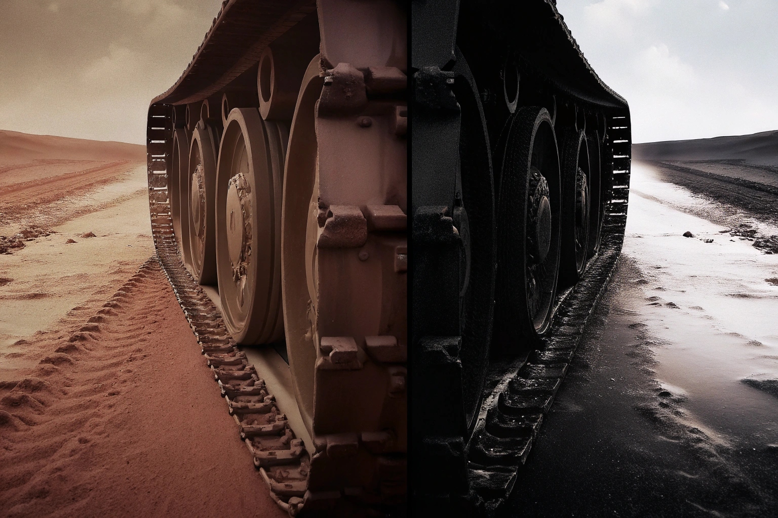 Tank tracks leave distinct trails on contrasting desert and snowy terrains.