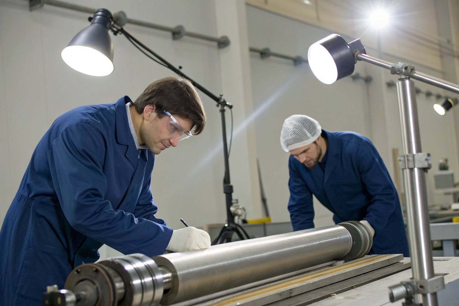 Technicians examining a metal cylinder under professional lighting.