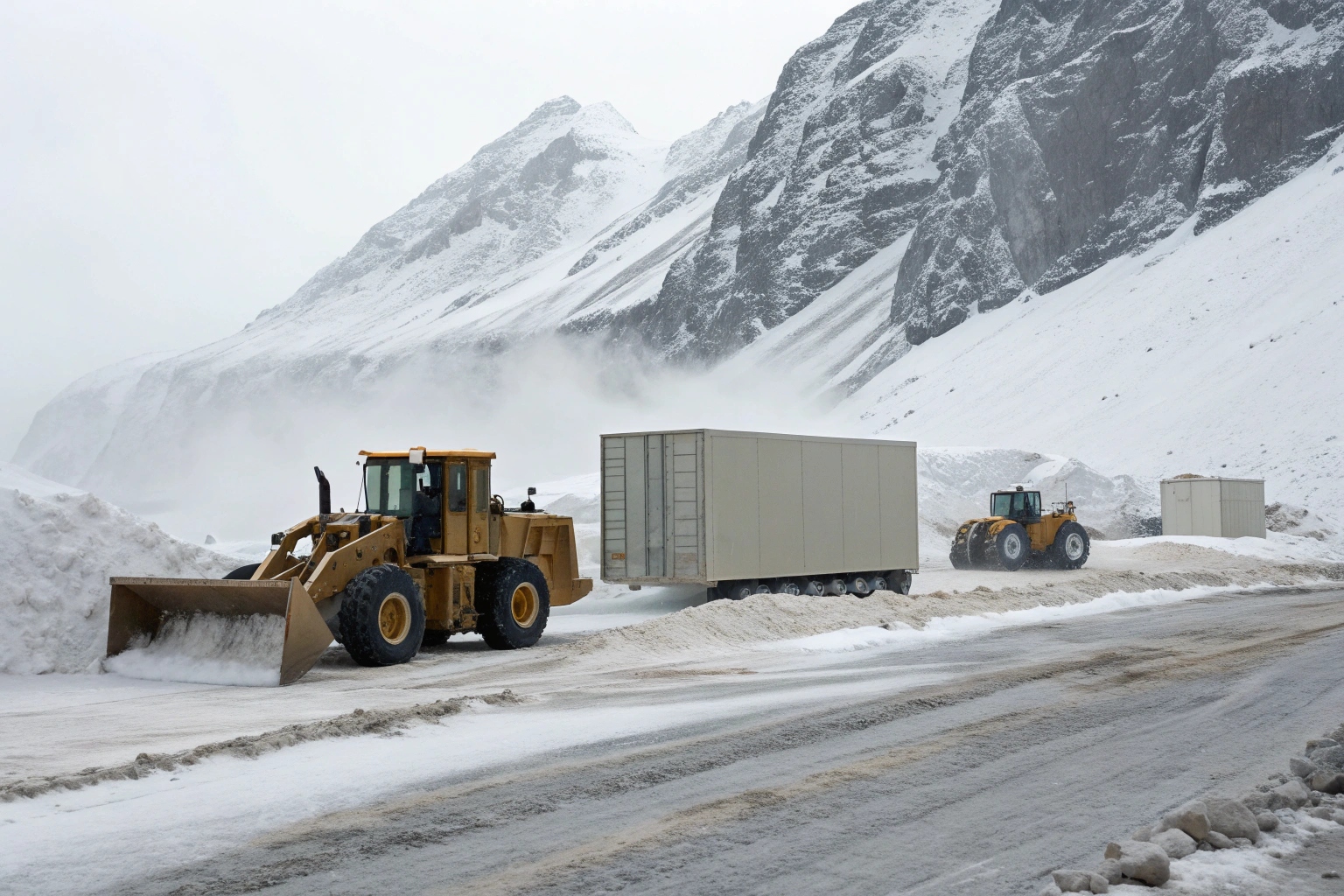 Construction vehicles clearing snow on a mountain road.