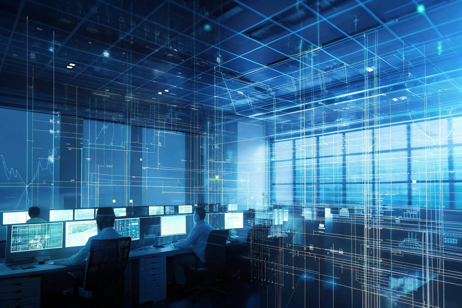 Futuristic control room with digital interfaces overlayed, illustrating a high-tech industrial environment.