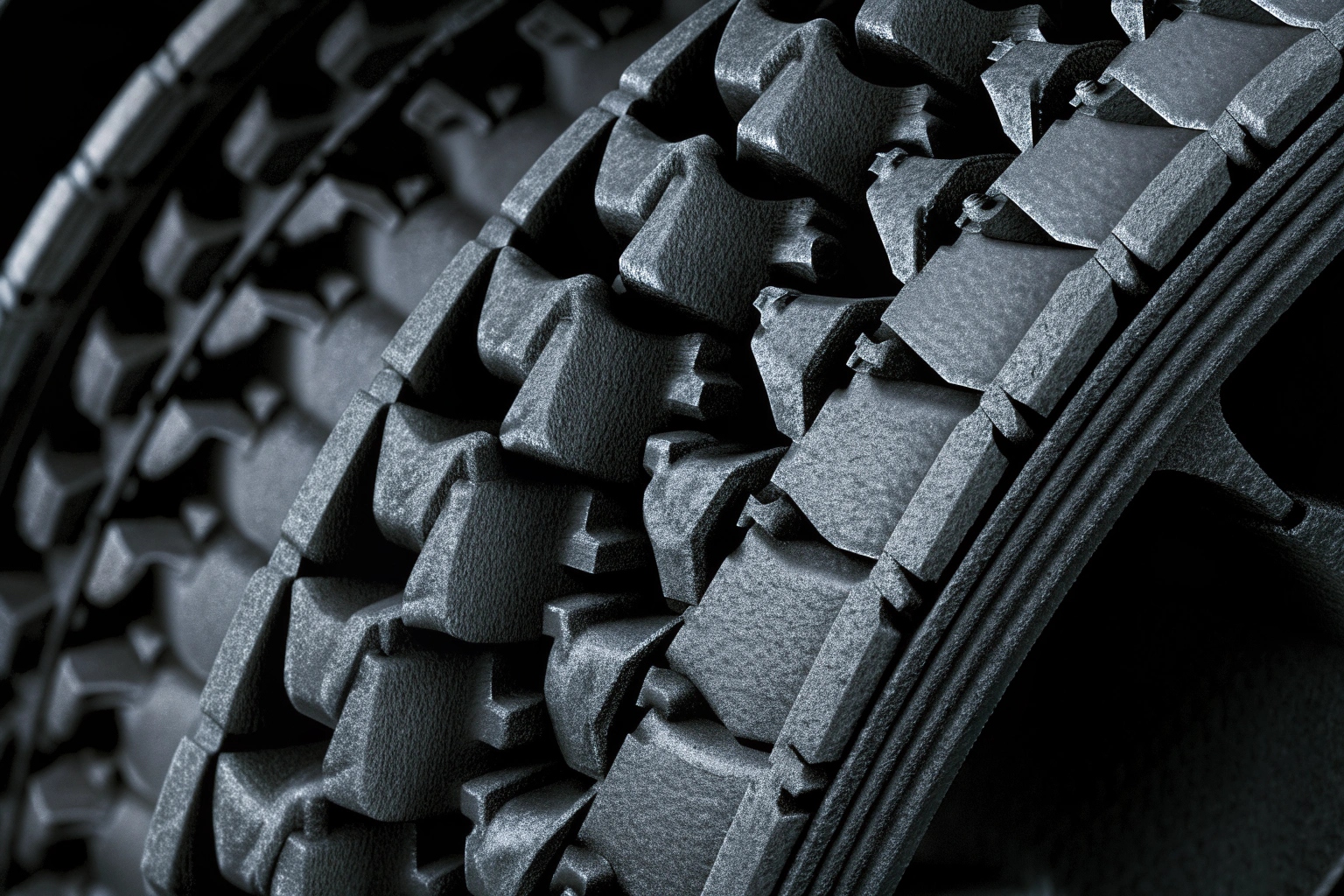 Close-up studio image of a high-traction, durable rubber track shoe tread pattern.