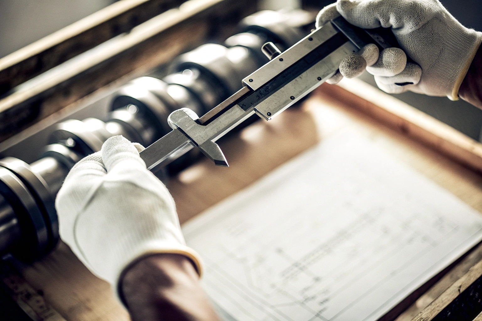 Gloved hands using a caliper to measure a precision-engineered metal component over technical blueprints.