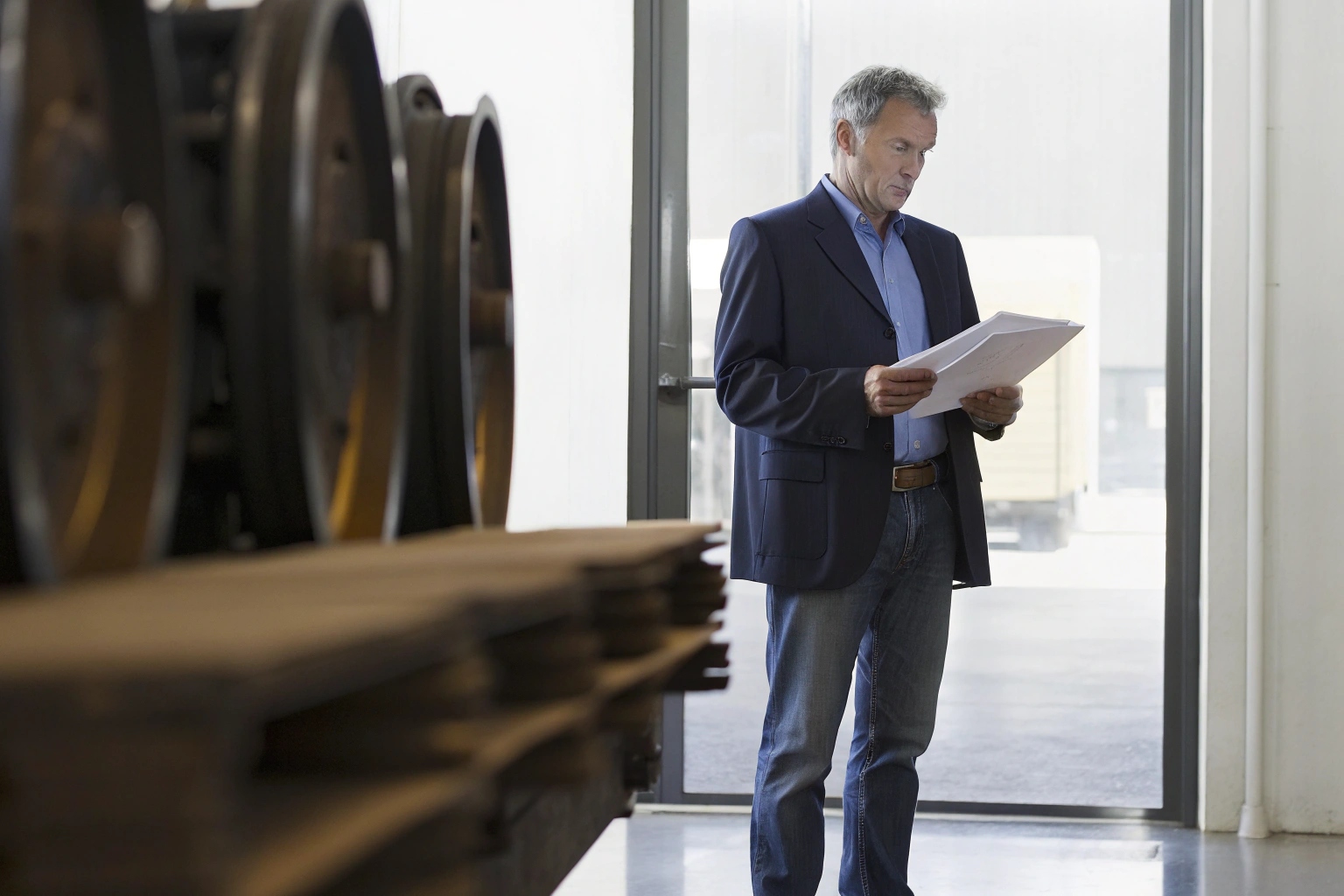 Mature manager in a factory warehouse reviewing production documents.
