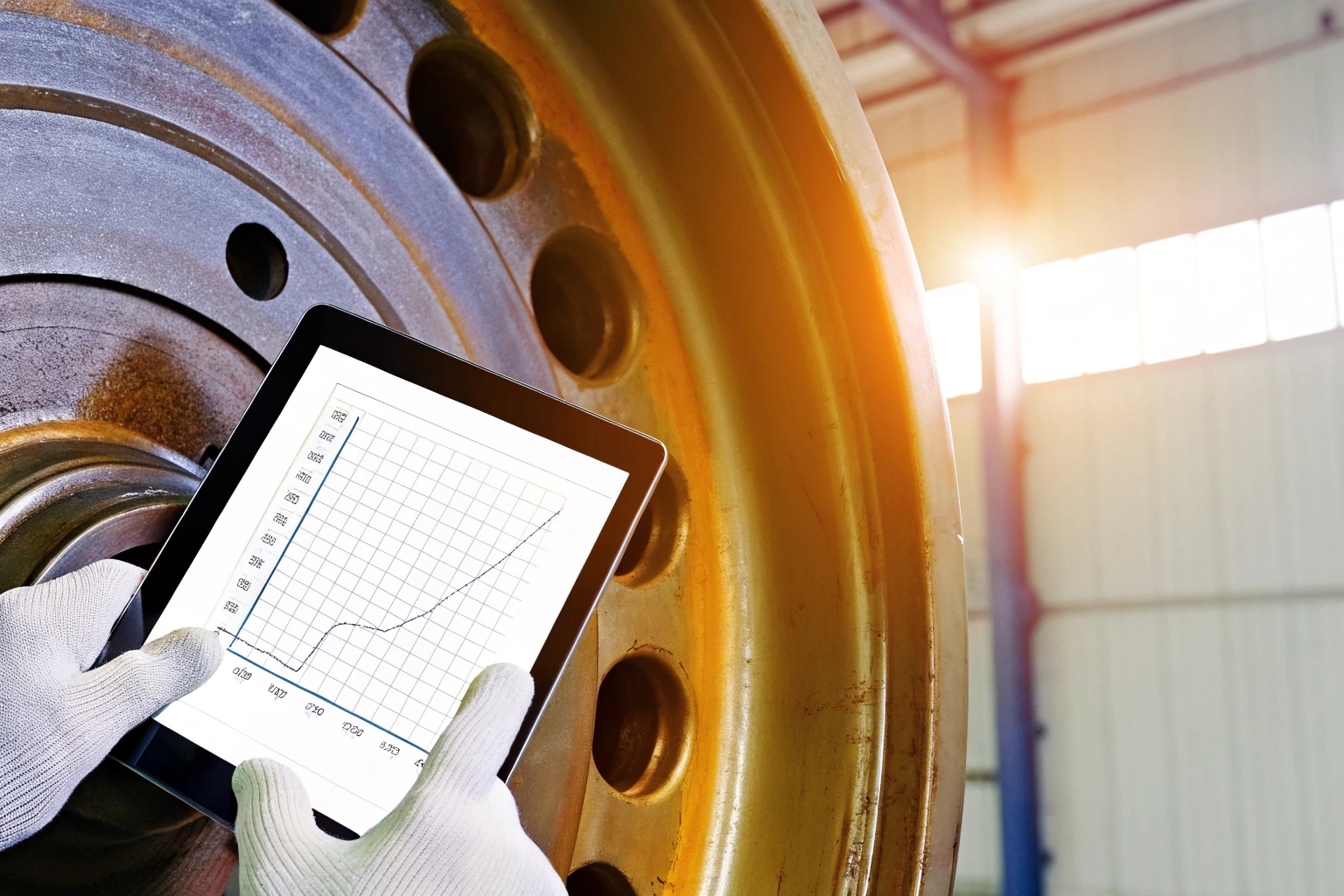 Split image showing a physical tractor gear and a digital twin for ERP.