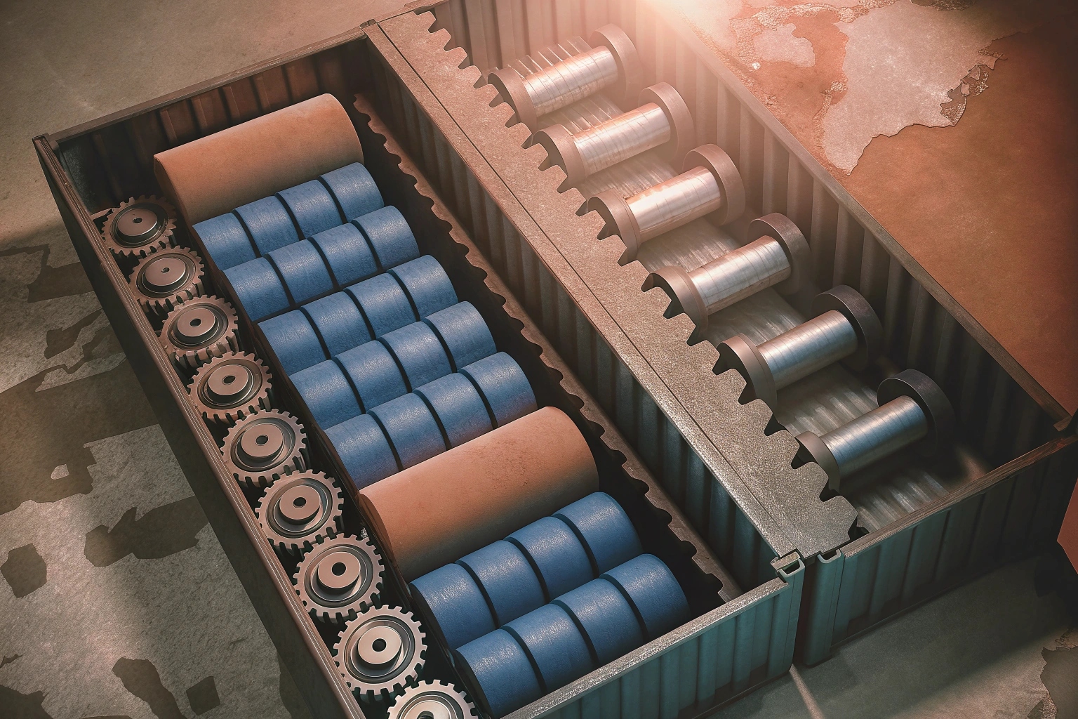 Undercarriage parts in a container