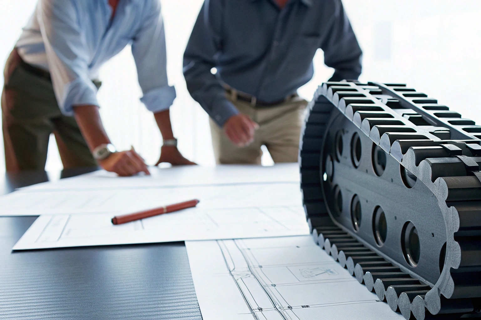 Engineers reviewing blueprints for a continuous track system component on a design table.s