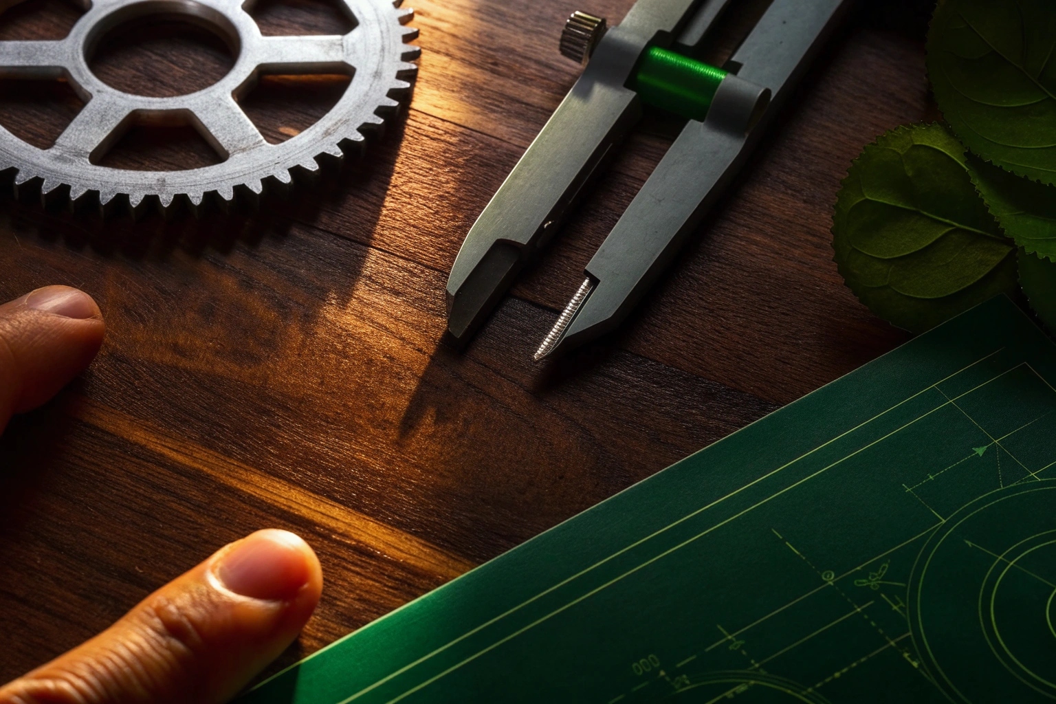 Engineer's desk with caliper, gear, and technical blueprint for design.