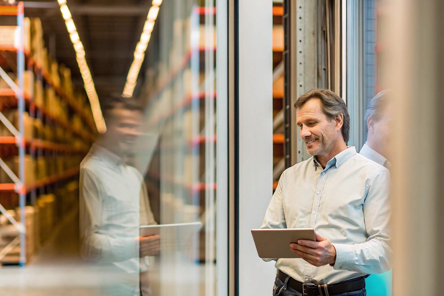 Warehouse manager using a tablet for inventory control with storage racking in the background.