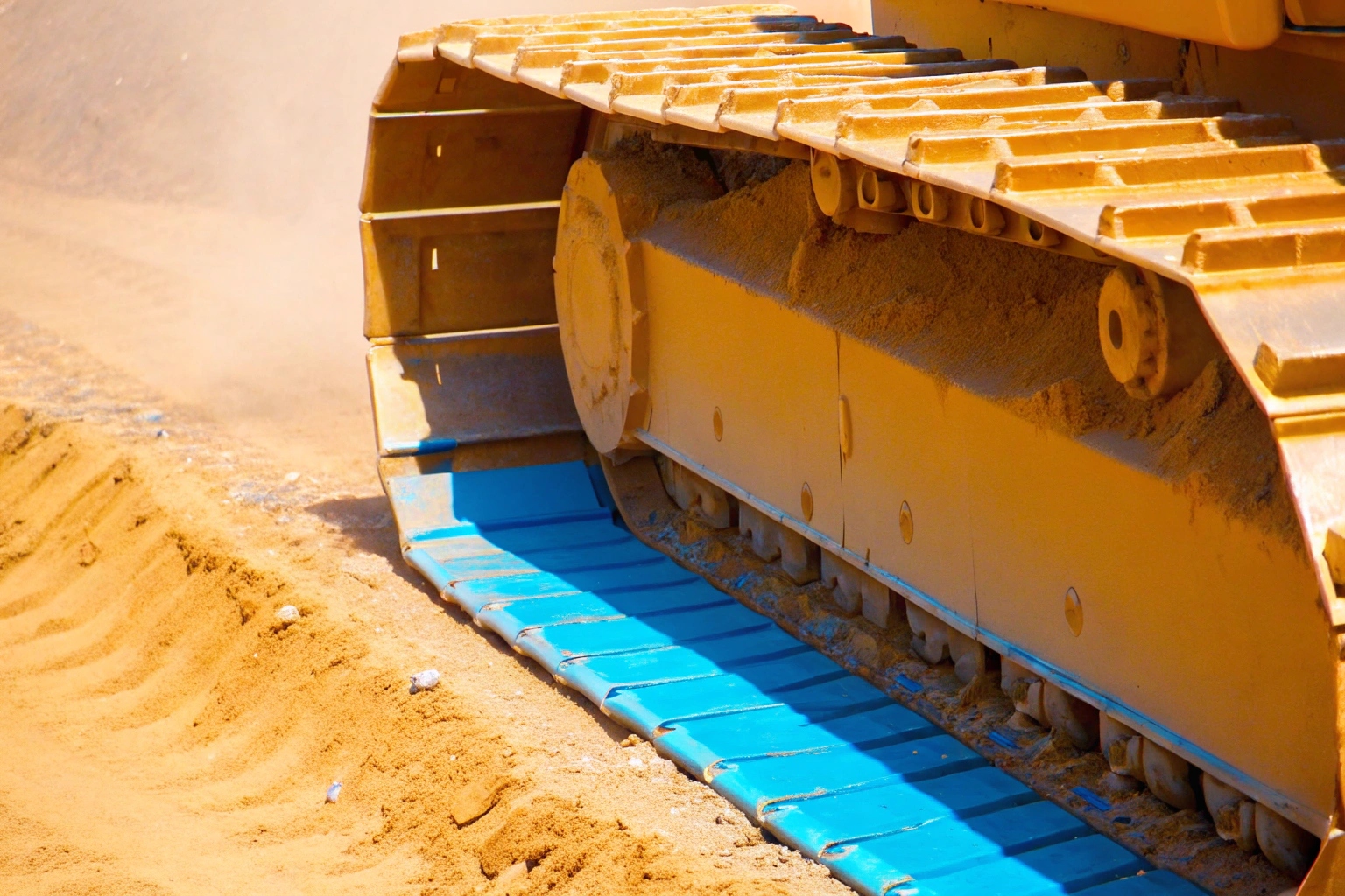 Close-up of a yellow heavy machinery undercarriage track with blue pads moving on dirt.