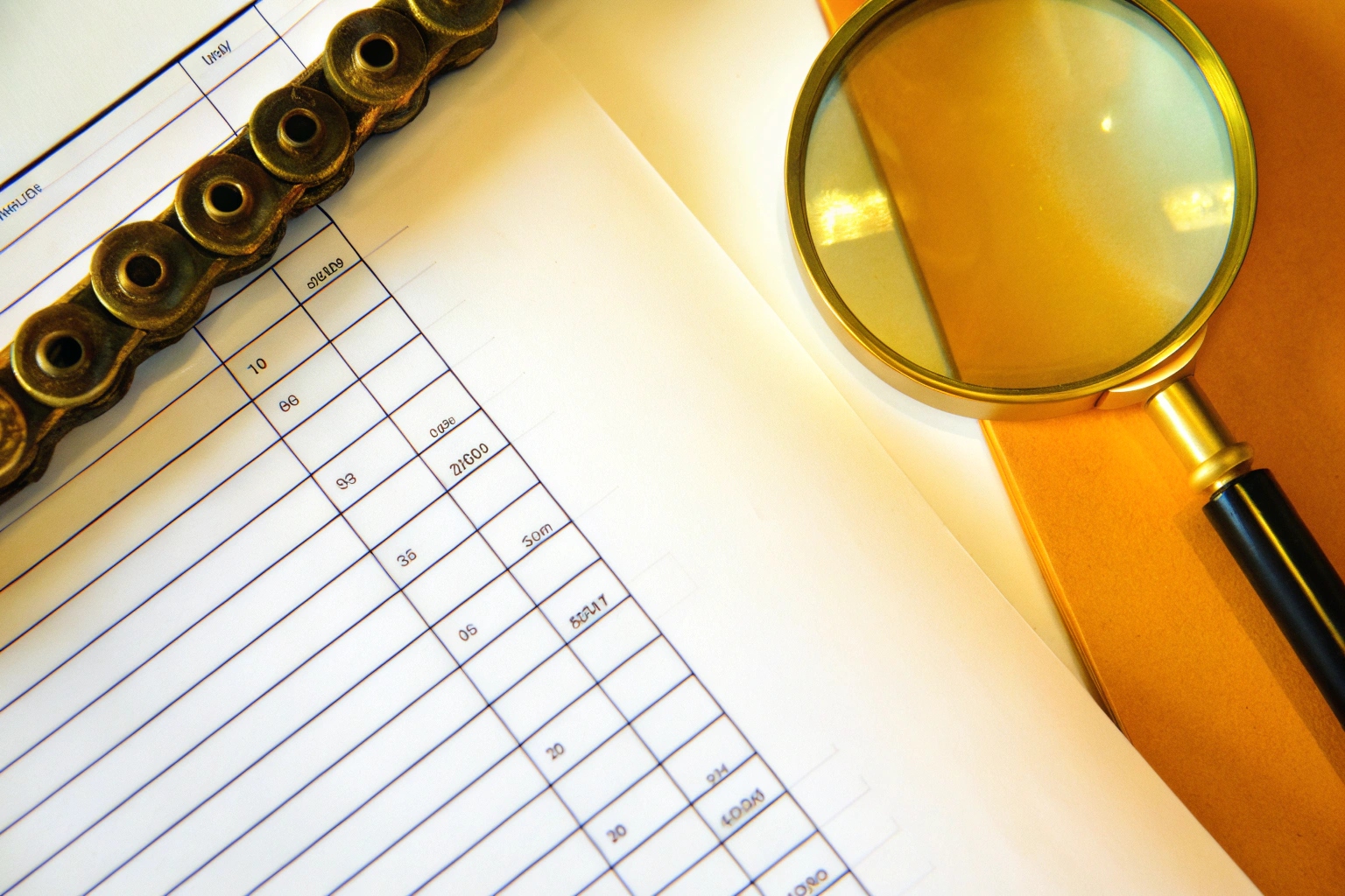 Top-down view of industrial parts inspection with magnifying glass, chain, and specification sheet.