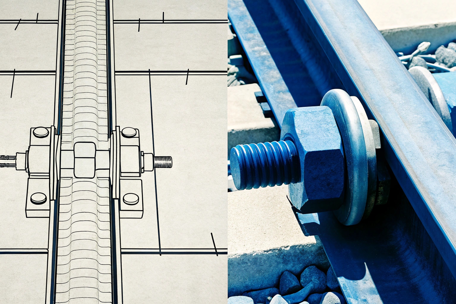 Split image comparing a technical blueprint to a photo of a rail track fastening.