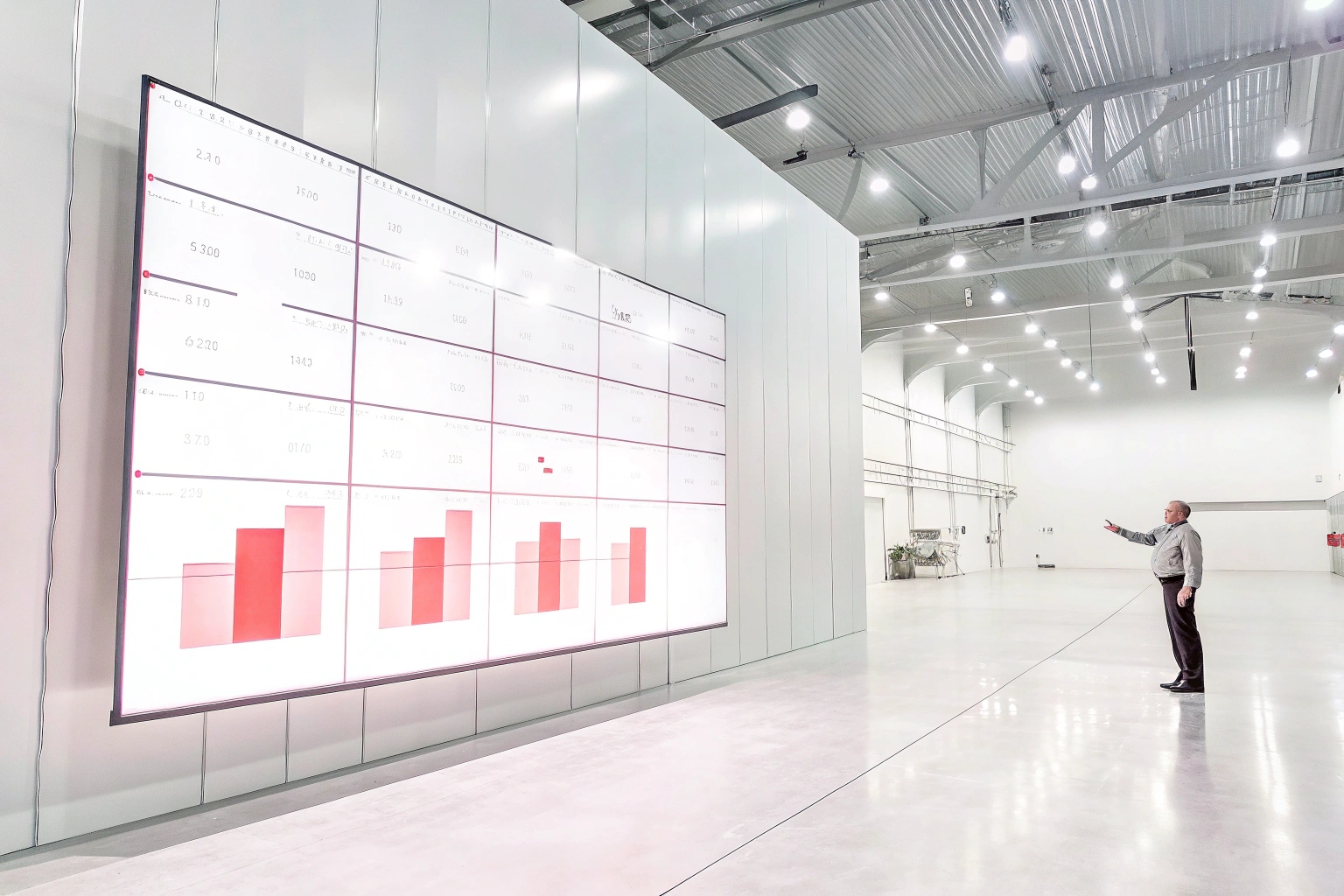 Over-the-shoulder view of a person in a video conference with colleagues on a large screen.