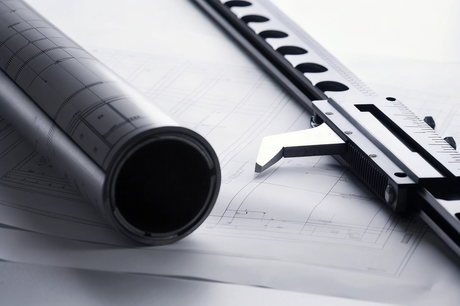 Engineering blueprints and precision caliper tool for technical measurement and quality control.
