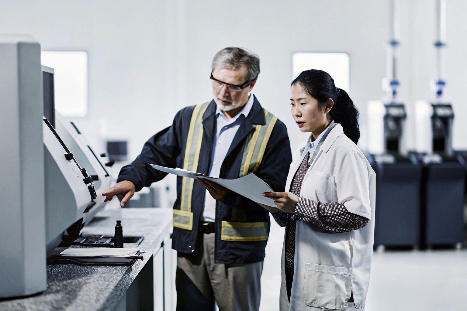 Engineer and technician conduct client audit reviewing calibration records on a factory machine.