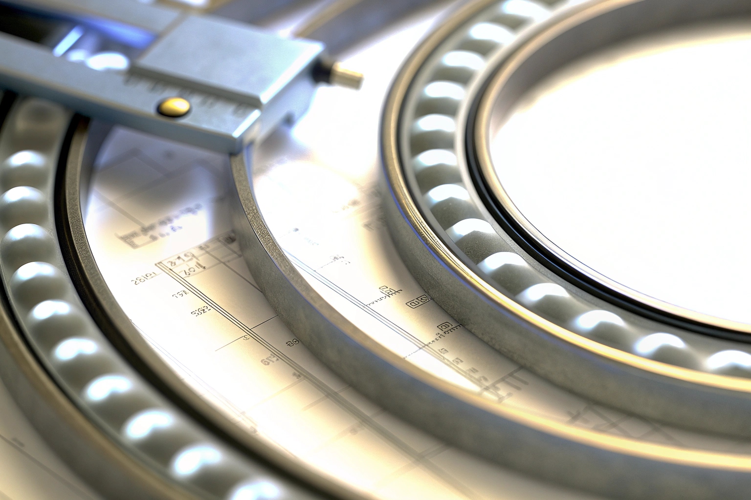 Precision ball bearings and caliper tool being measured against engineering design schematics.