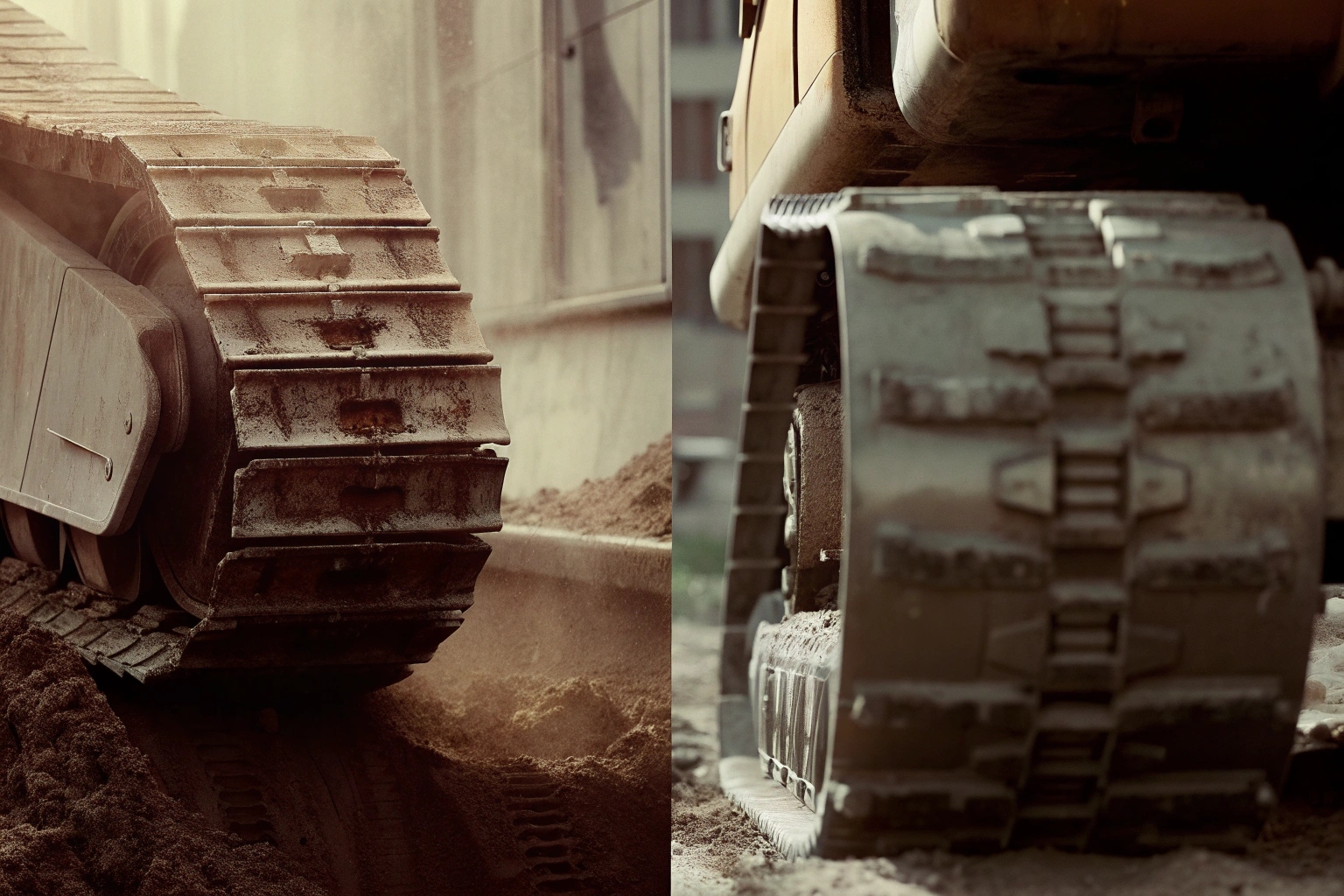 Two durable track shoe designs on heavy machinery operating in extreme dirt and construction conditions.