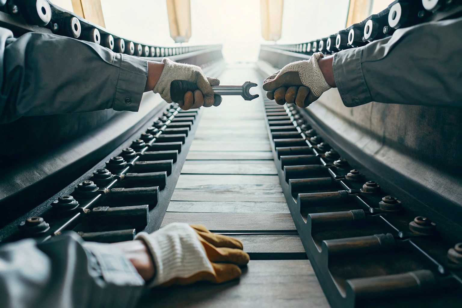 Workers assembling a heavy-duty industrial track chain in a factory.