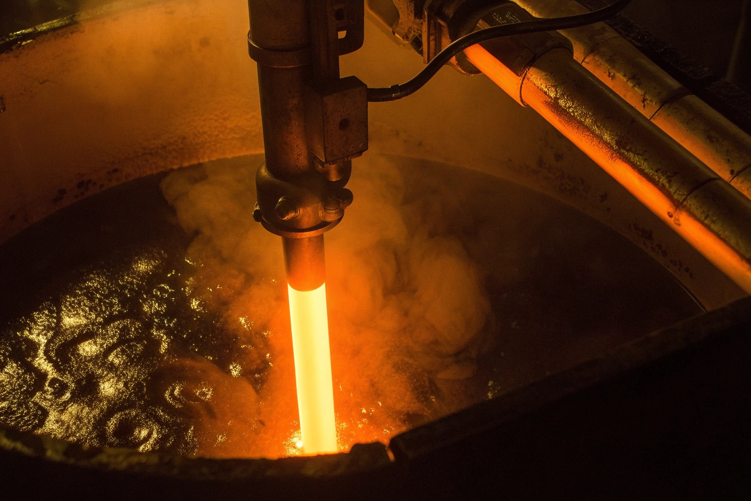Glowing electrode submerged in molten metal bath during high-temperature industrial manufacturing process.