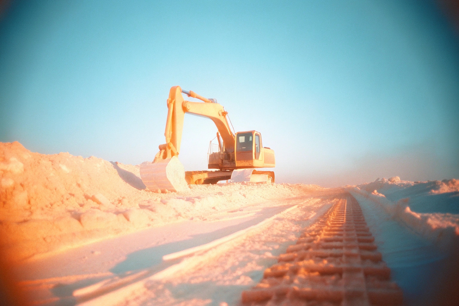 Yellow excavator heavy machinery working on a snowy construction site during sunrise.