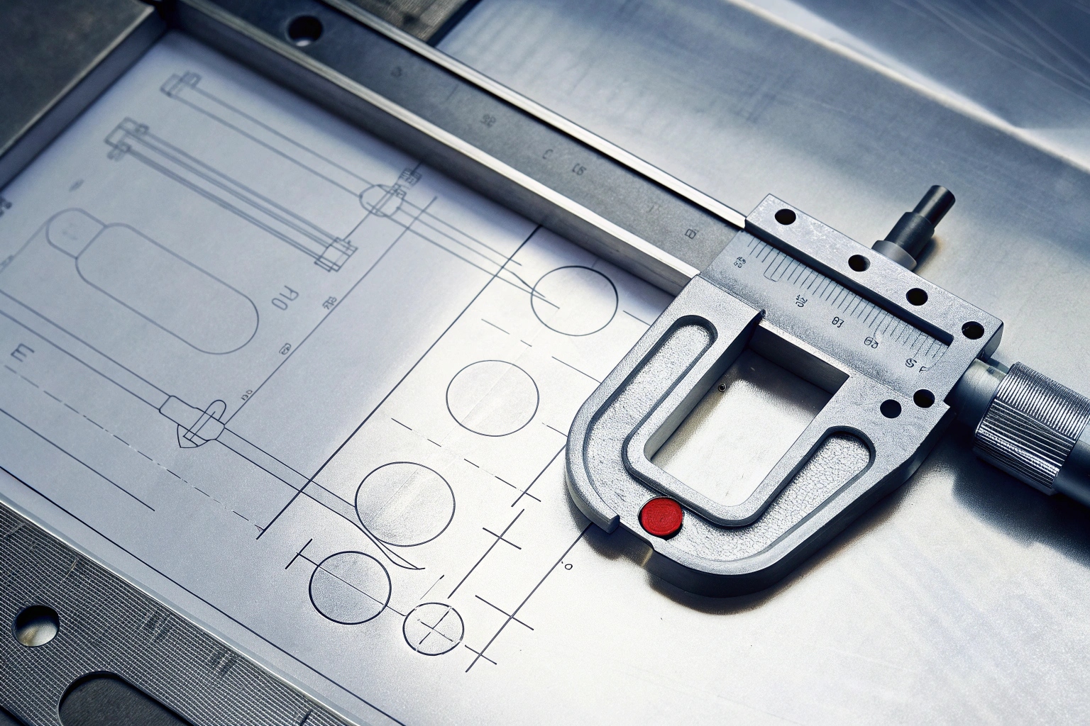 Precision micrometer caliper resting on a technical engineering blueprint for quality inspection.