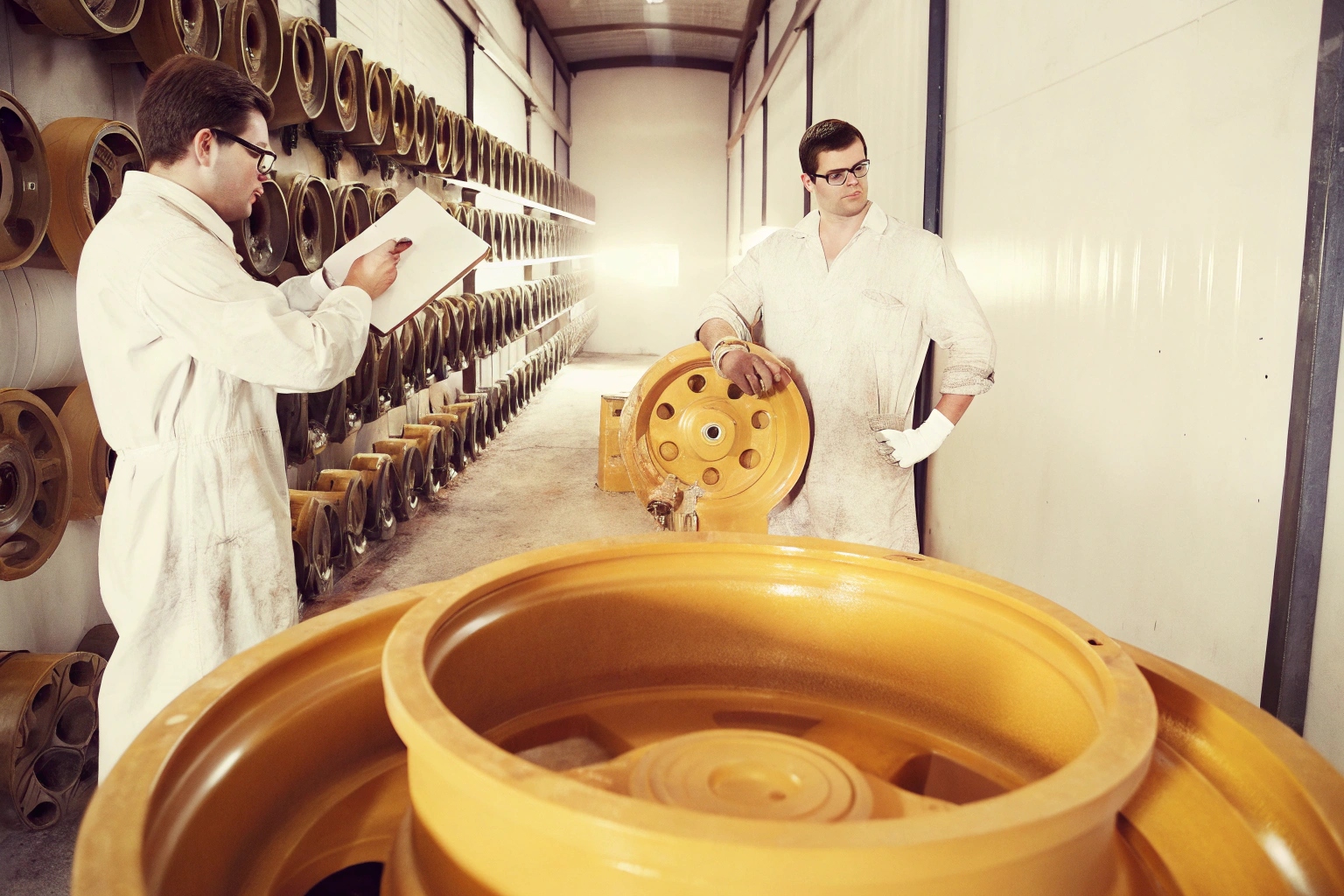 Warehouse technicians in lab coats inspecting heavy machinery components and taking inventory notes.