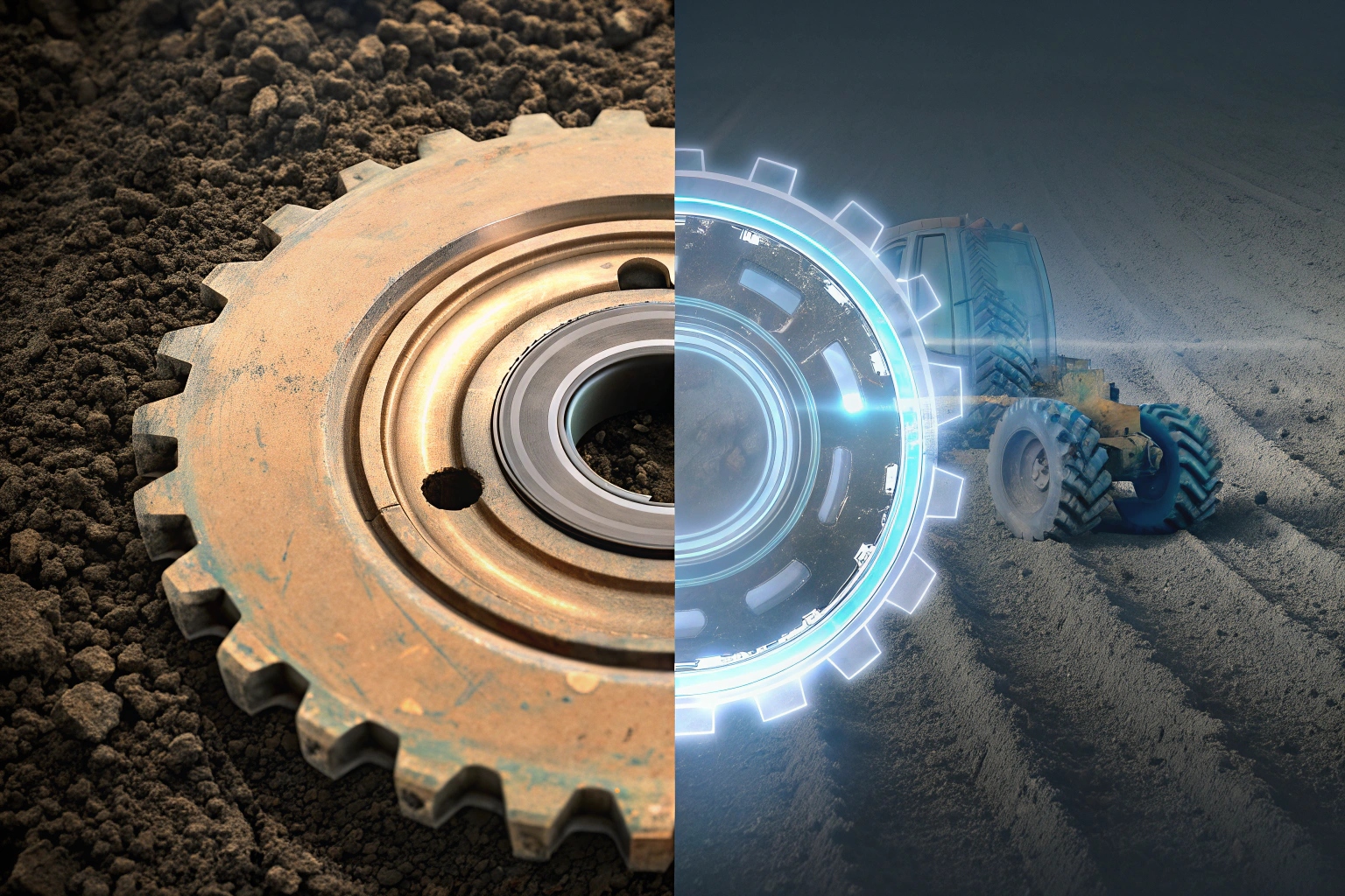 Split image showing a physical tractor gear and a digital twin for ERP.