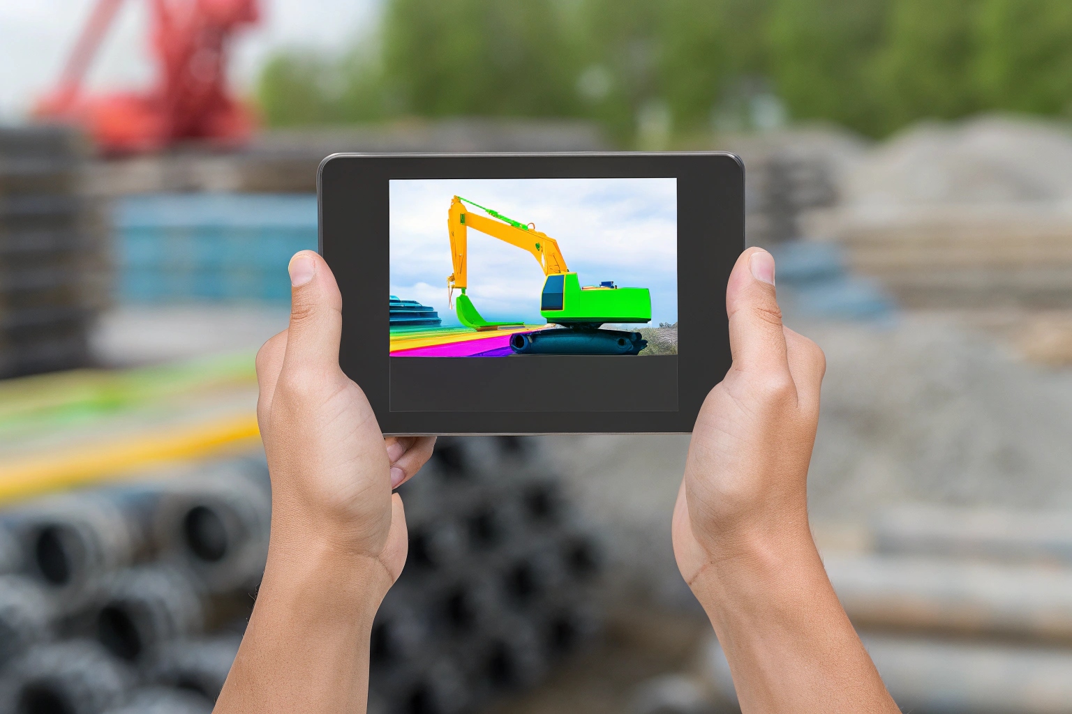 Hands holding tablet showing NDT thermal scan of excavator on construction site.