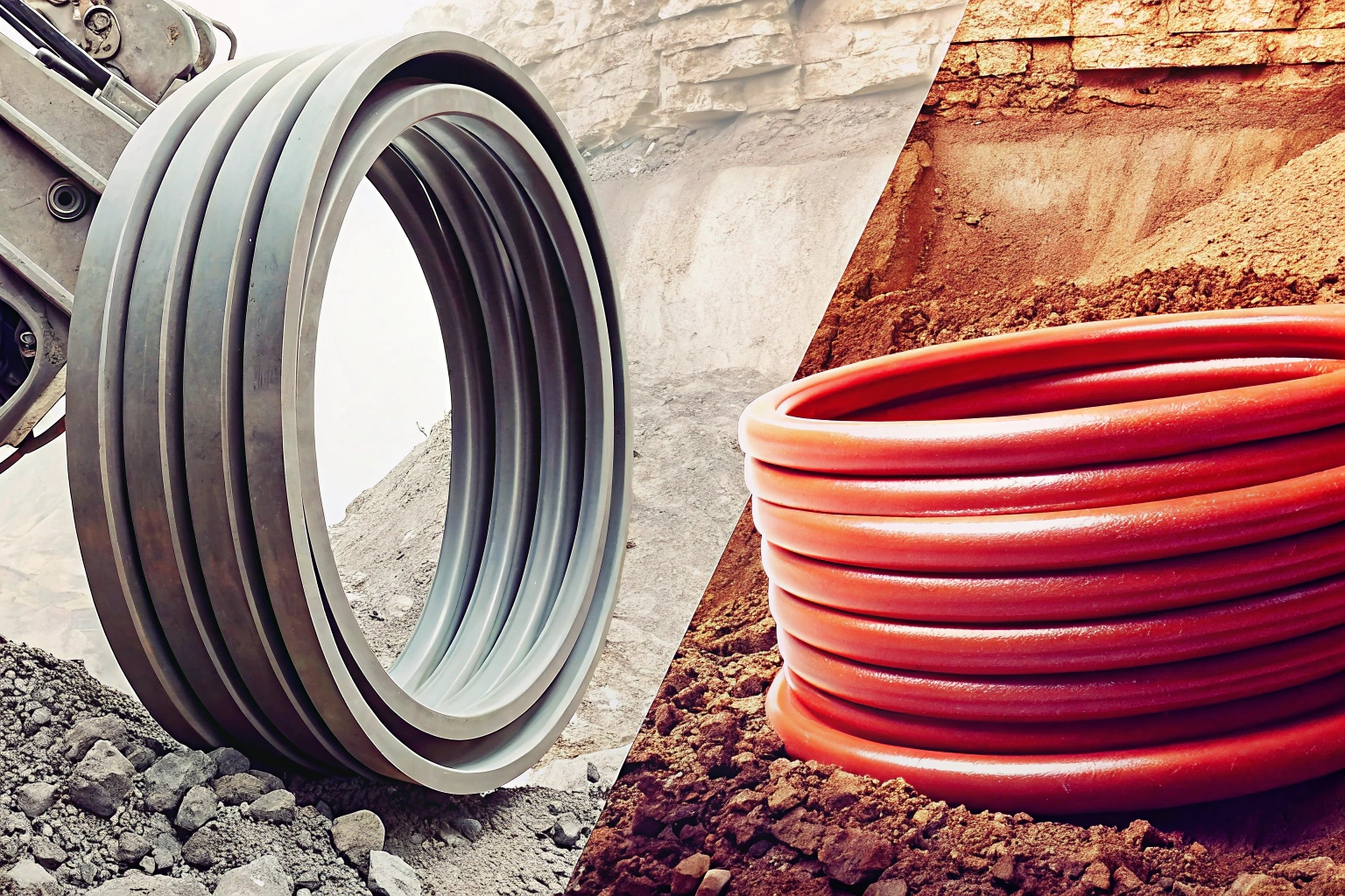 Side-by-side comparison of a large-diameter rigid seal and flexible red industrial tubing.