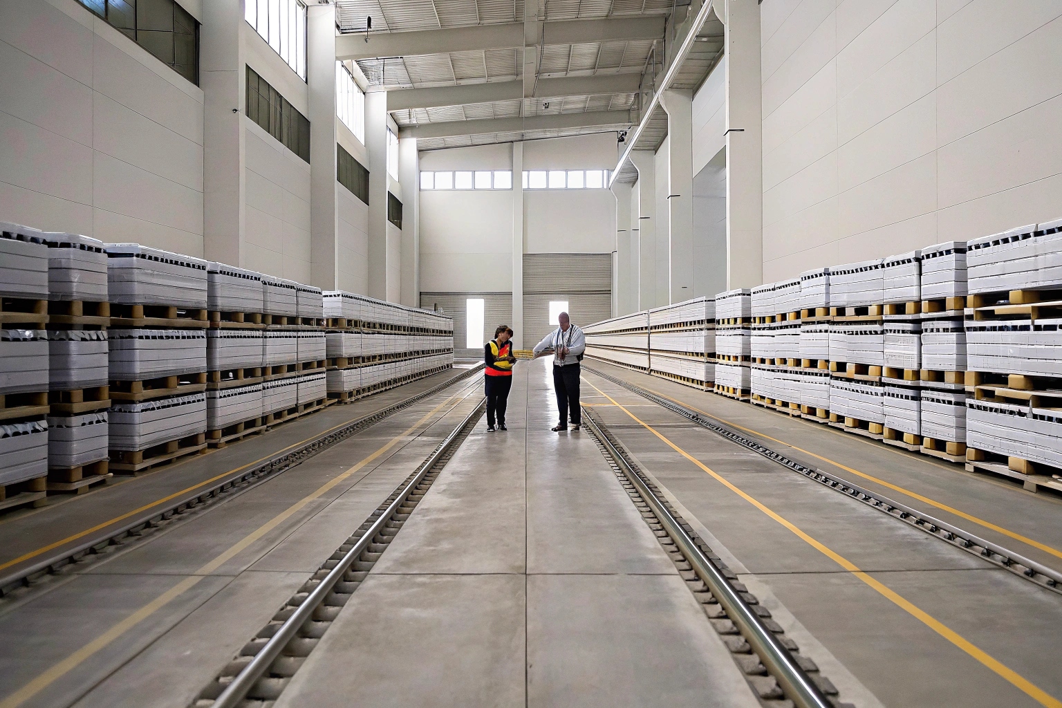 Two workers in a large warehouse with rail tracks and stacked pallets of materials.