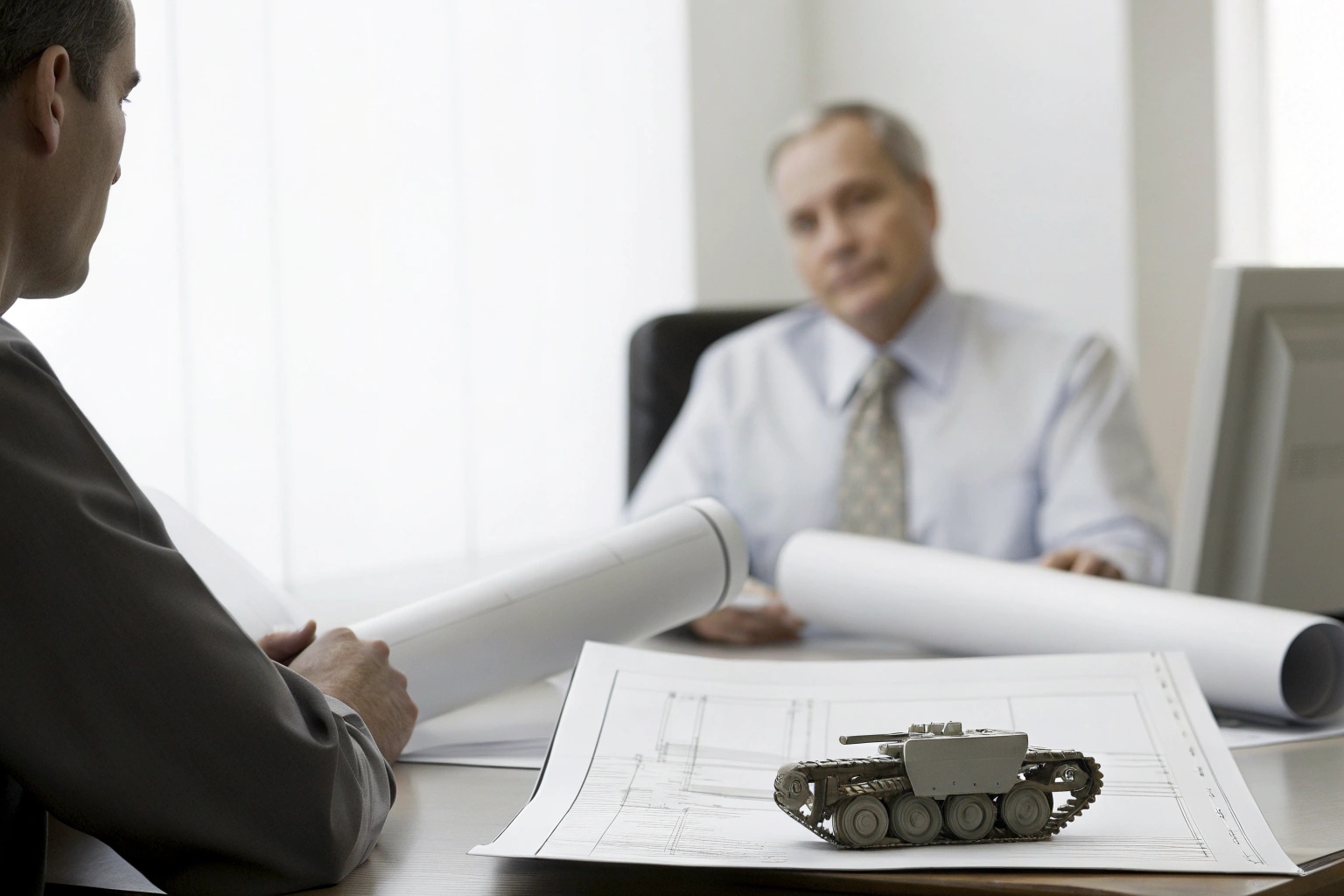 Business meeting with engineers reviewing blueprints and a model tank on the desk.
