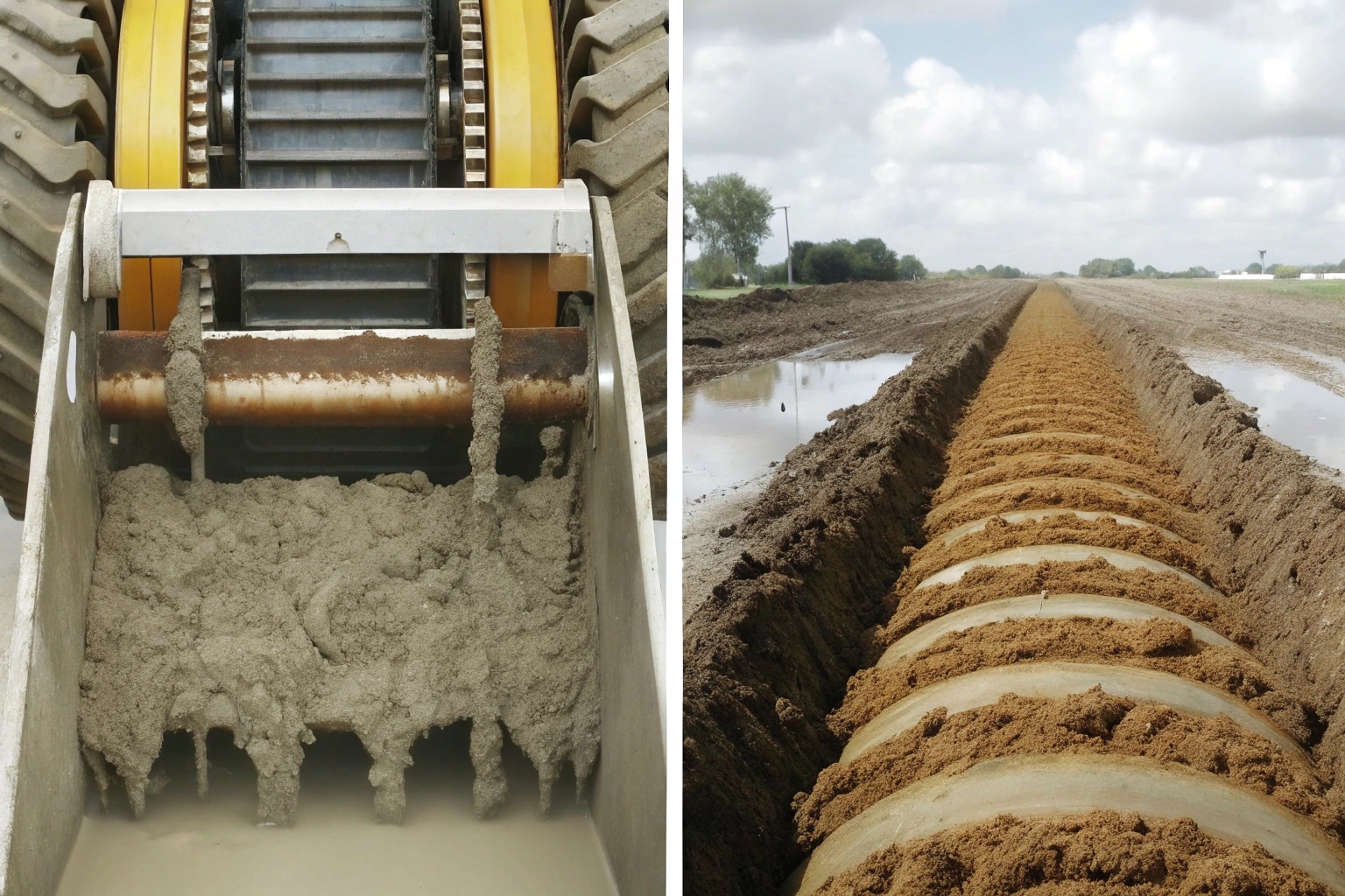 Split-screen showing slurry-mixing machine and a long trench with large-diameter pipes.