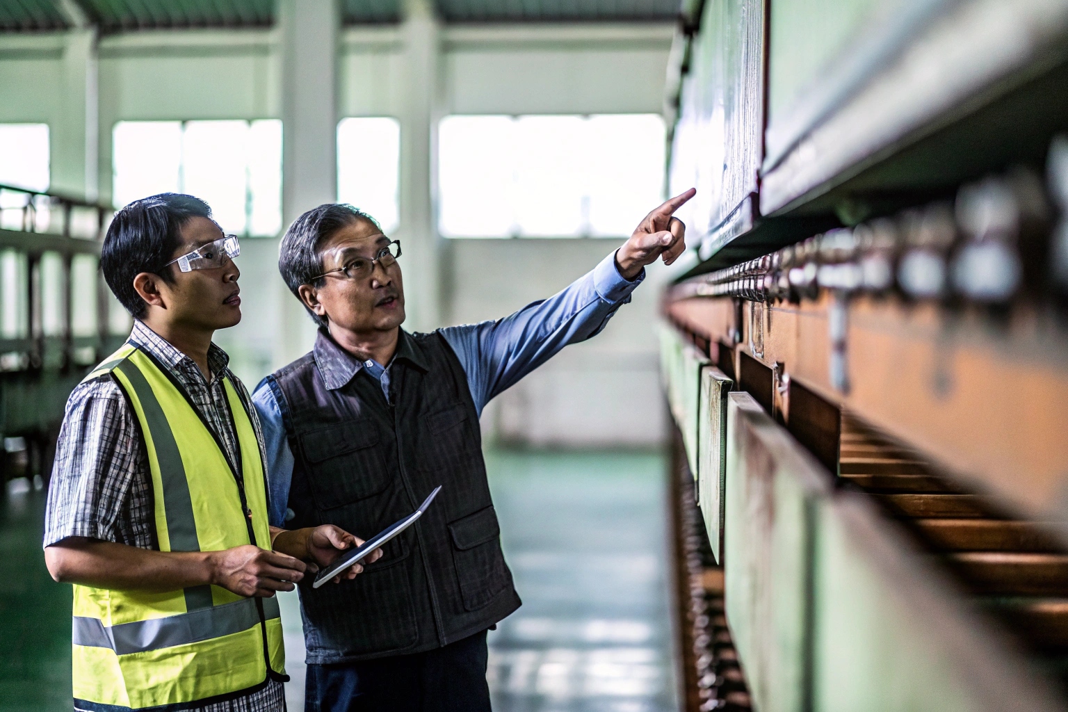 Senior manager training a new worker on a factory production line.