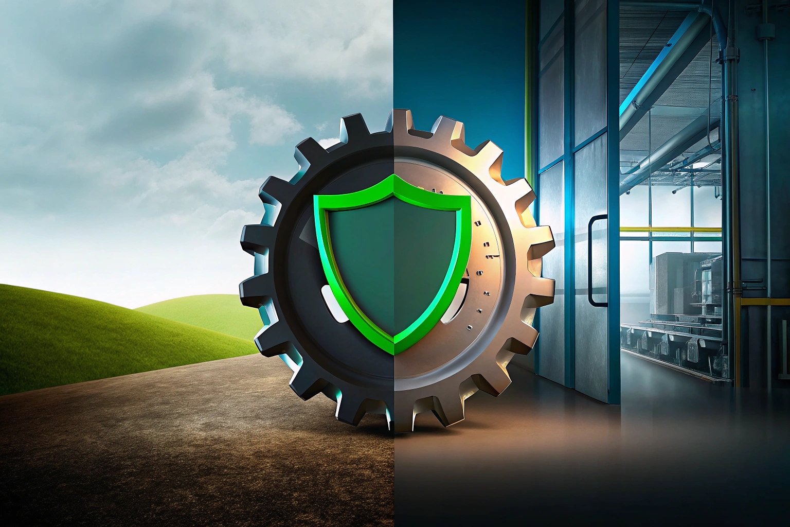 Concept image splitting nature and industry, protected by a gear and shield icon.