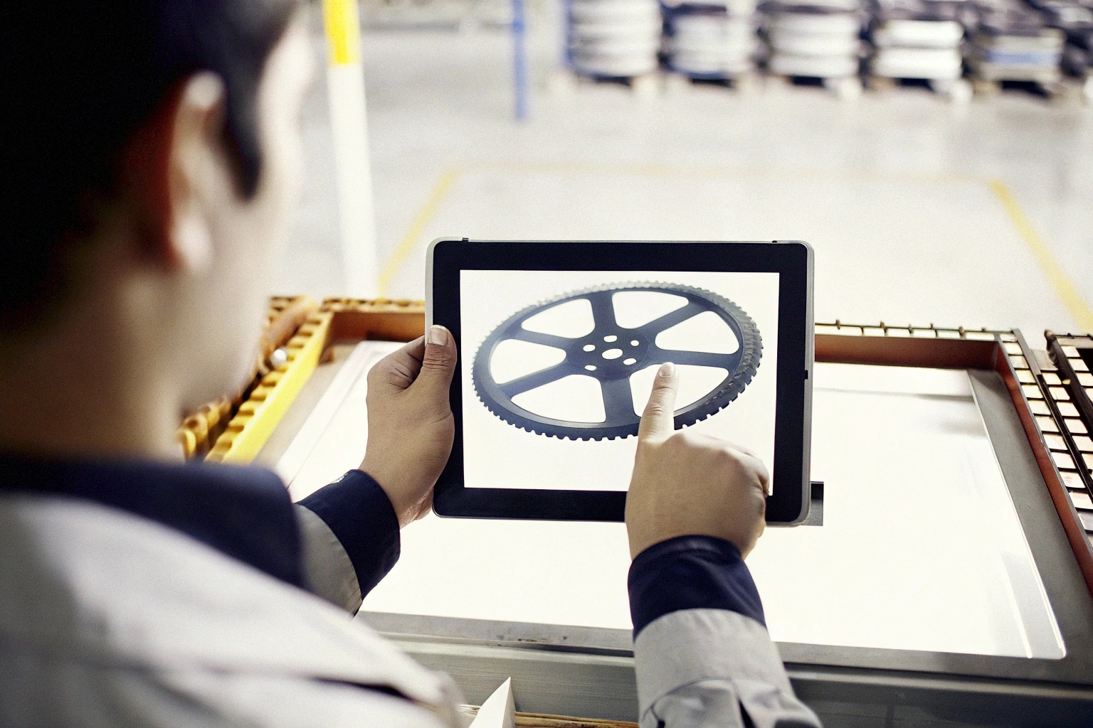 Man in a modern facility analyzing large data dashboard with business intelligence charts.