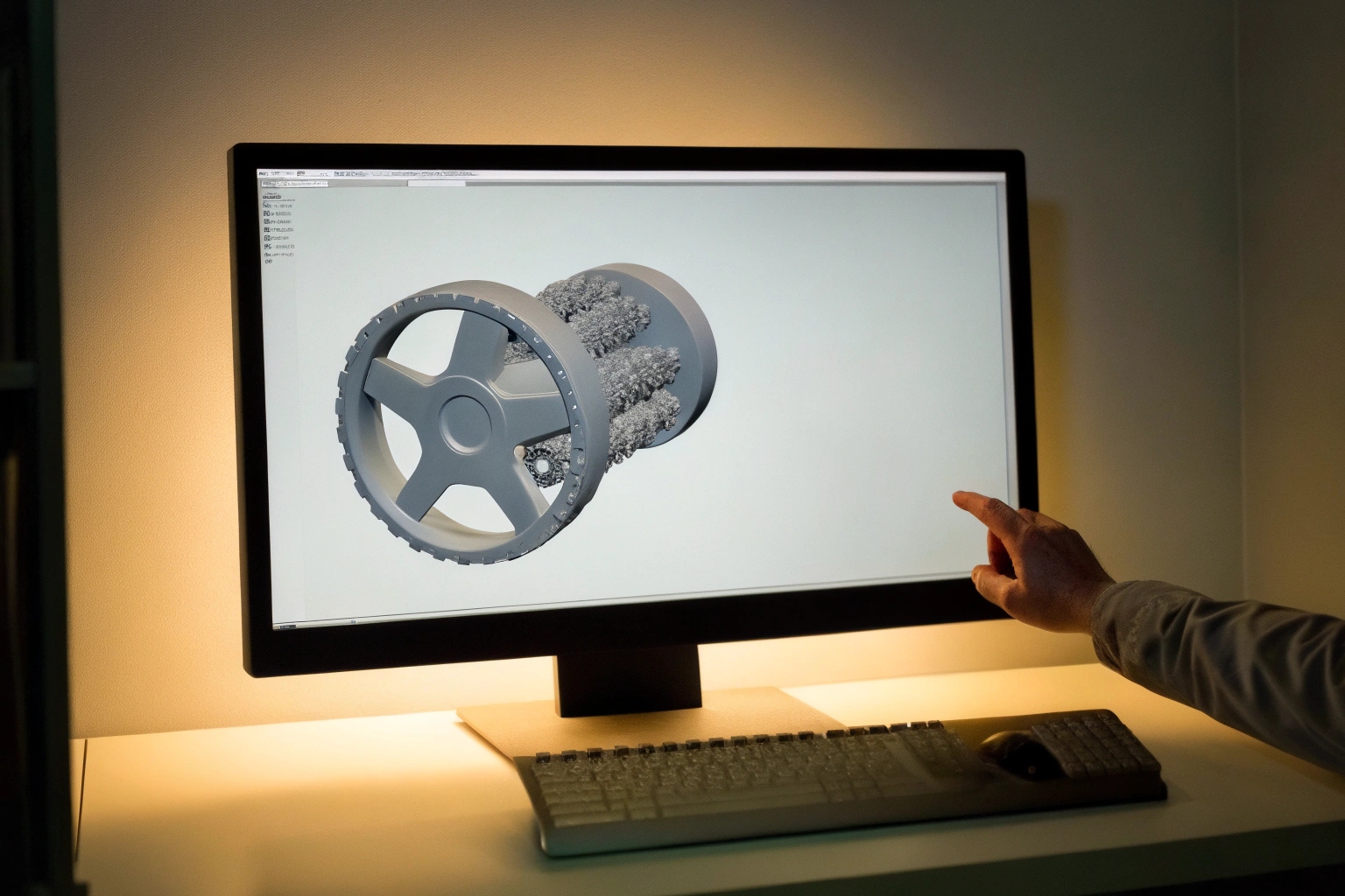 Engineer pointing to a 3D CAD model of an undercarriage roller component on a monitor.