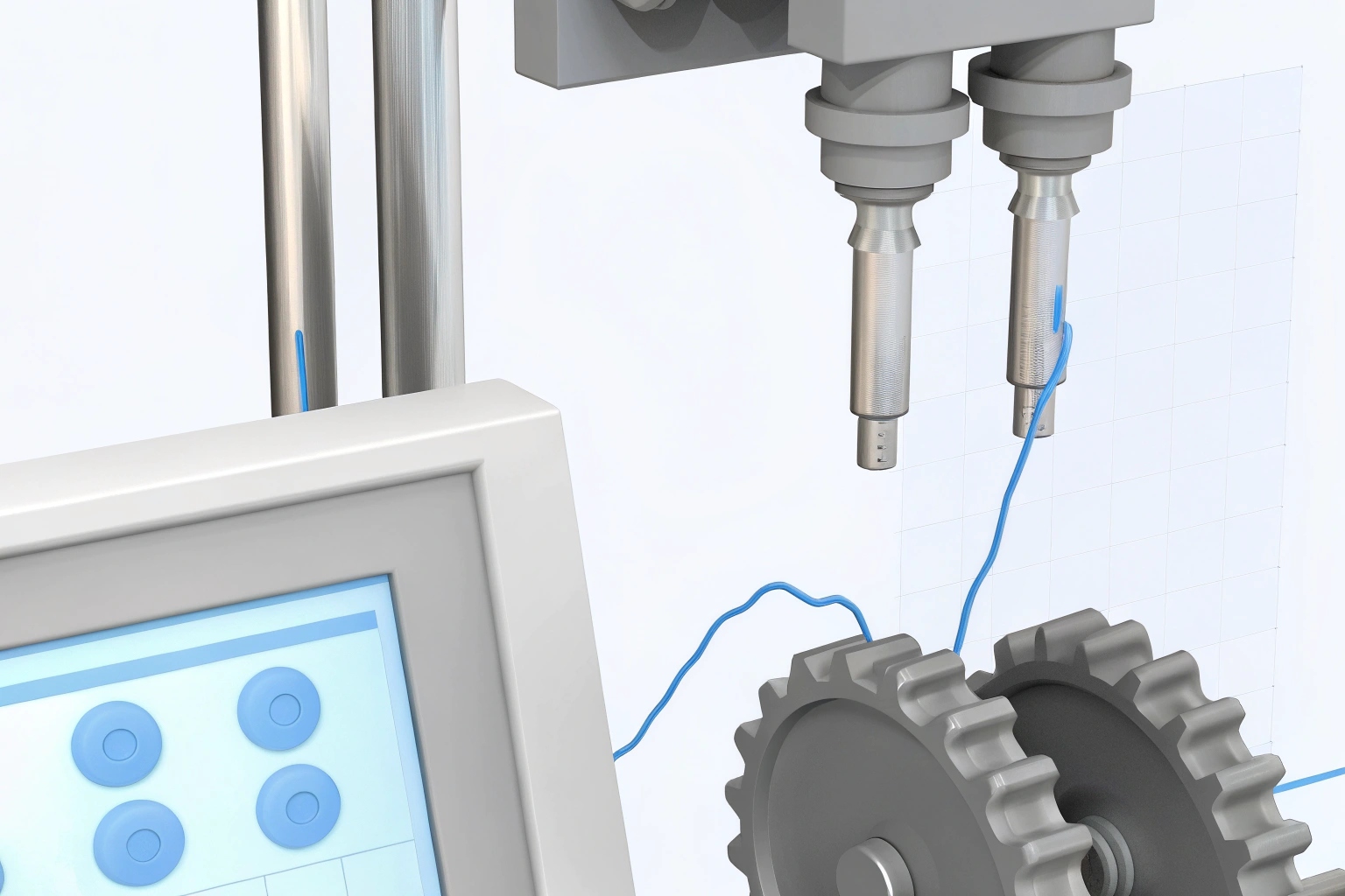 Close-up of a precision laser machine testing the hardness of a metal sprocket.