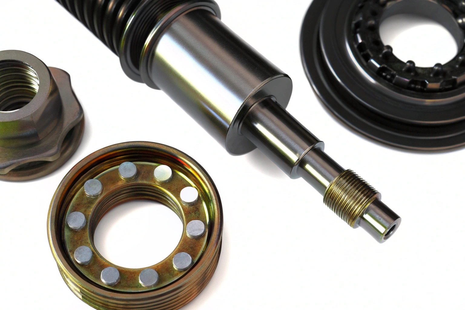 Assortment of precision-machined automotive components, including shaft, bearing, and nut.