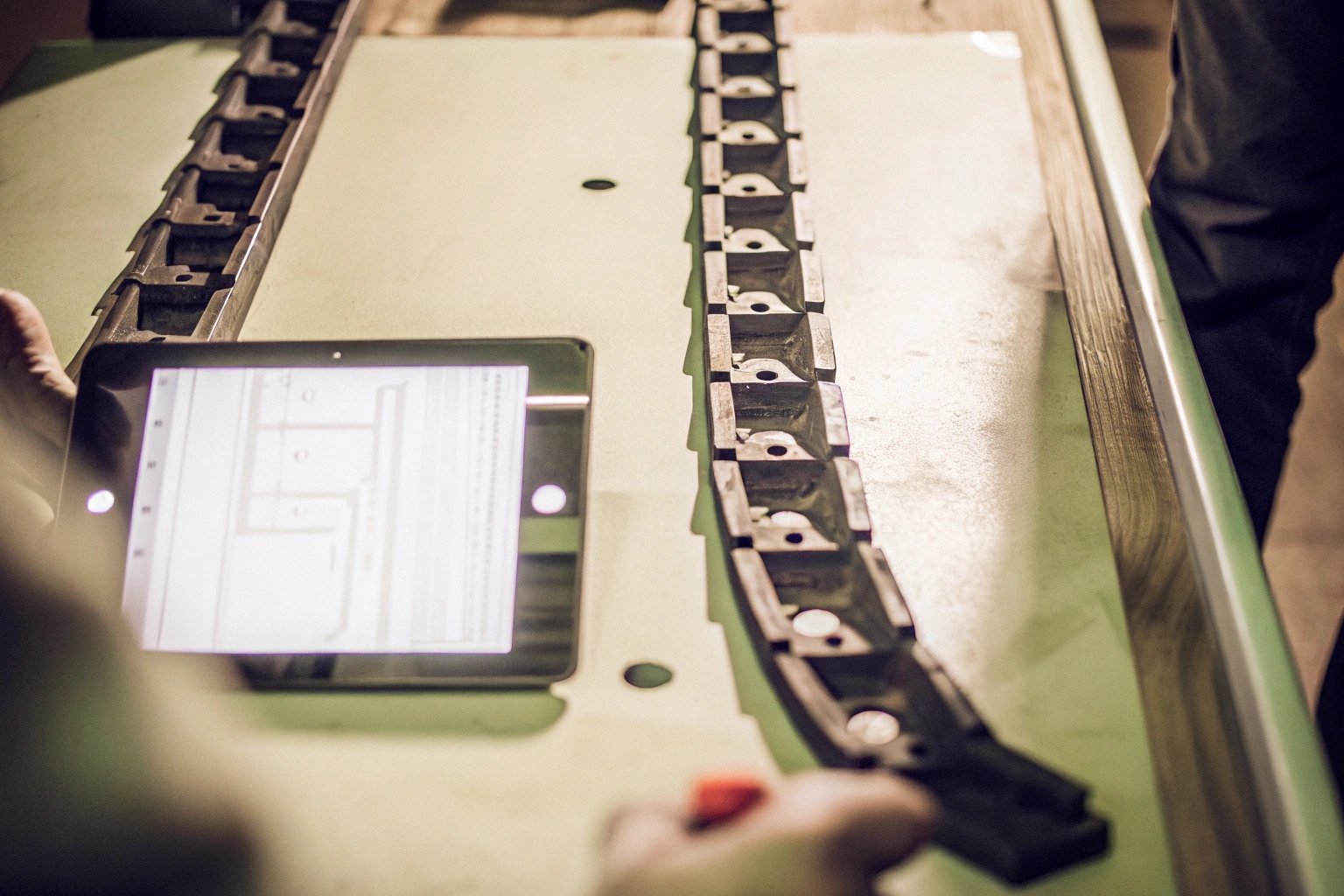 Engineer using a tablet to inspect an industrial conveyor chain component.