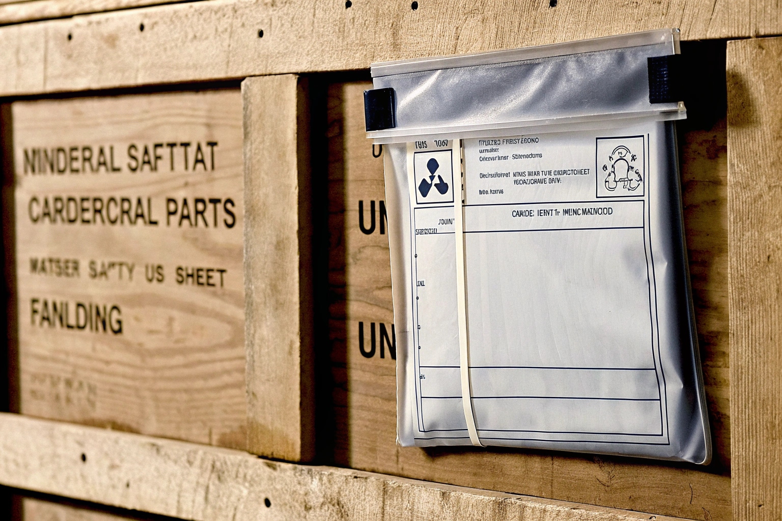 Close-up of shipping documents in a pouch attached to a wooden crate for industrial parts.