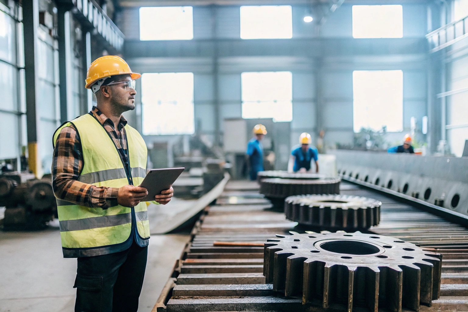 Quality control engineer with tablet inspecting large metal gears on a factory production line.