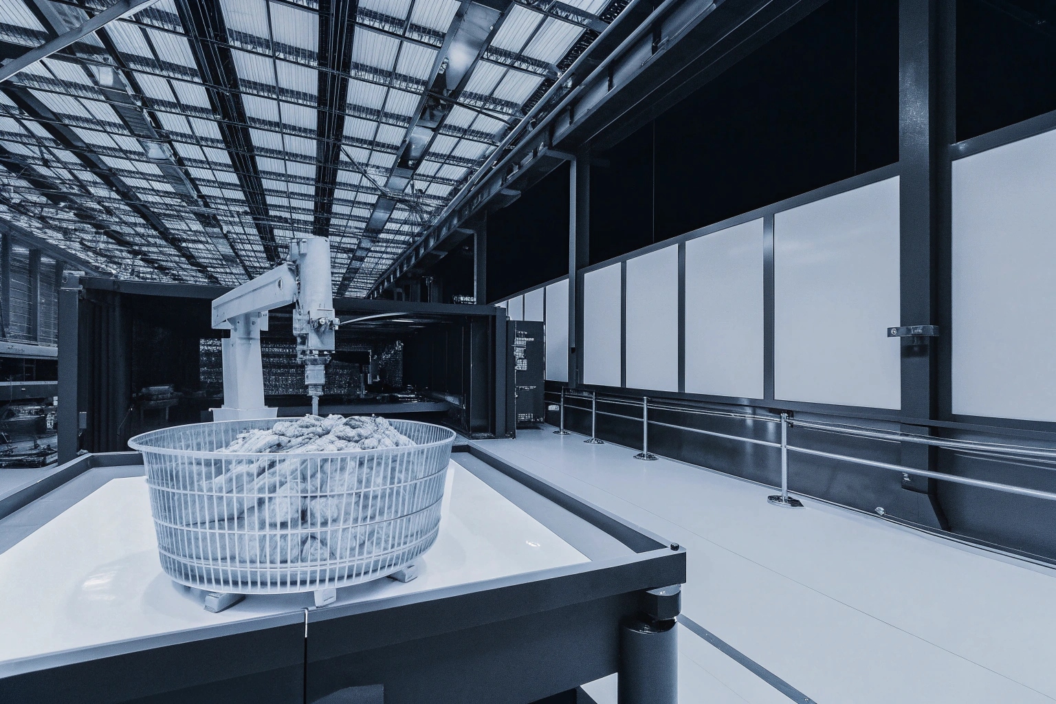 Wide view of an advanced manufacturing facility with a robotic arm and parts basket.