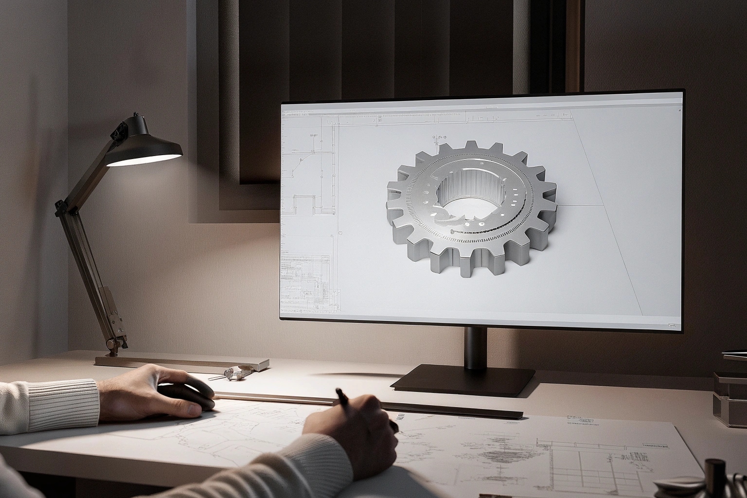 Engineer designing custom sprocket tooth geometry using 3D CAD software on a computer.